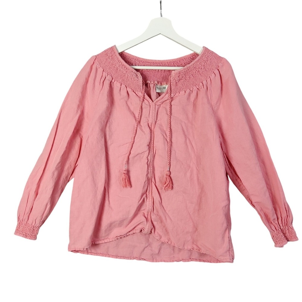 Rachel Zoe Womens Boho Coastal Linen Cotton Peasant Blouse L Pink Tassel Smocked